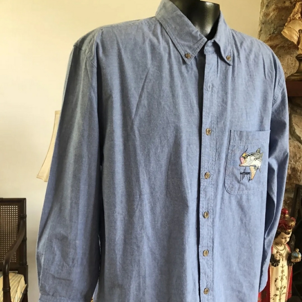Guy Harvey Blue Chambray Shirt Embroidered Fish On Pocket 100% Cotton